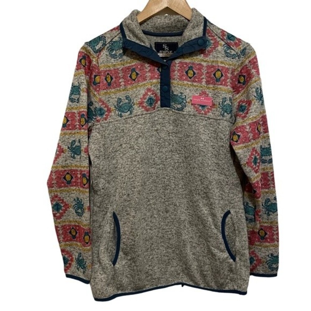 Nautical Crab Anchor Fleece Pullover 1/4 Snap Grey Pullover Size Medium